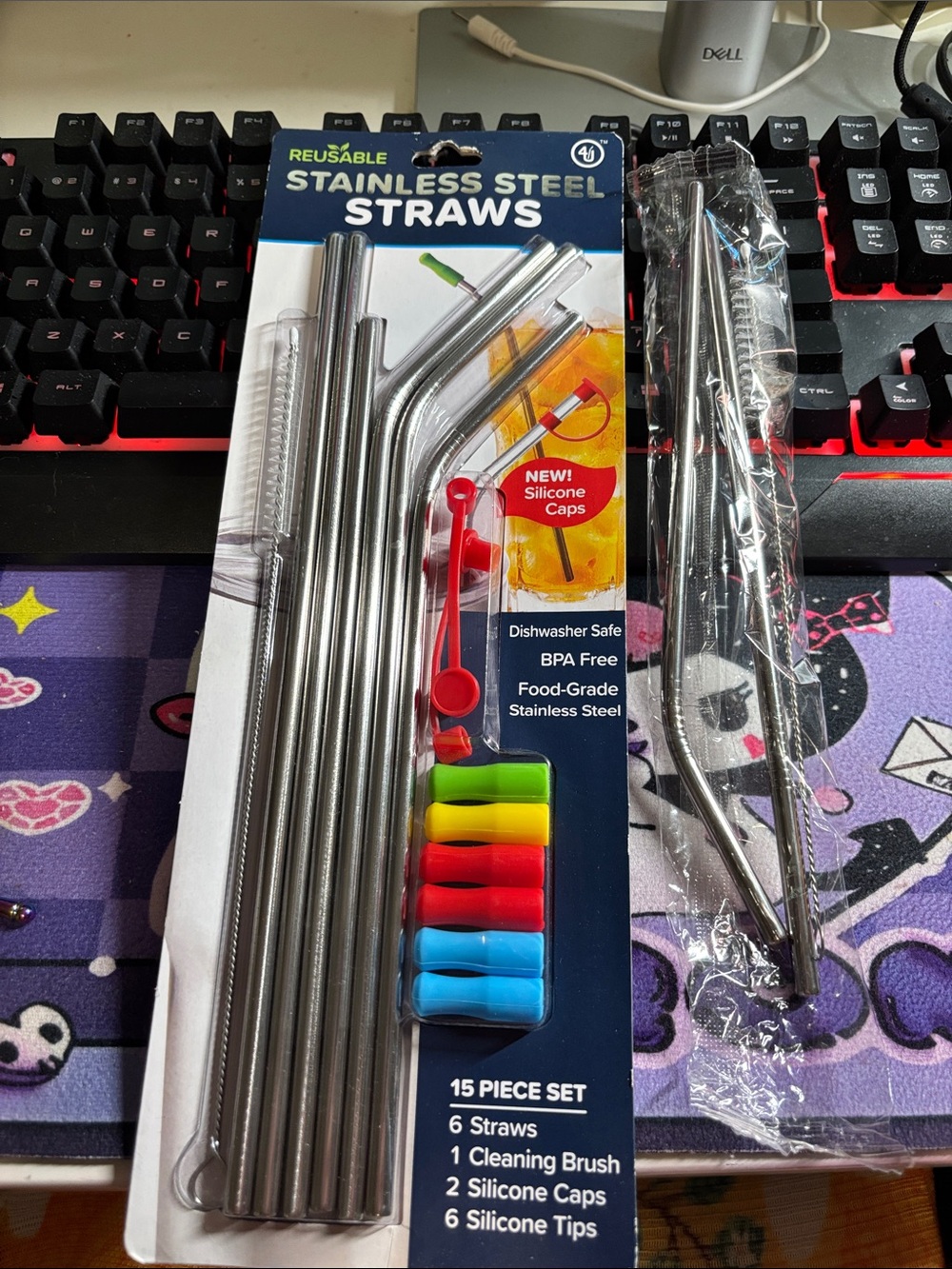 NWT Stainless Steel Straws Set With Silicone Caps